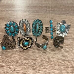 Turquoise Stone Silver-Tone Statement Ring Set - Women Jewelry